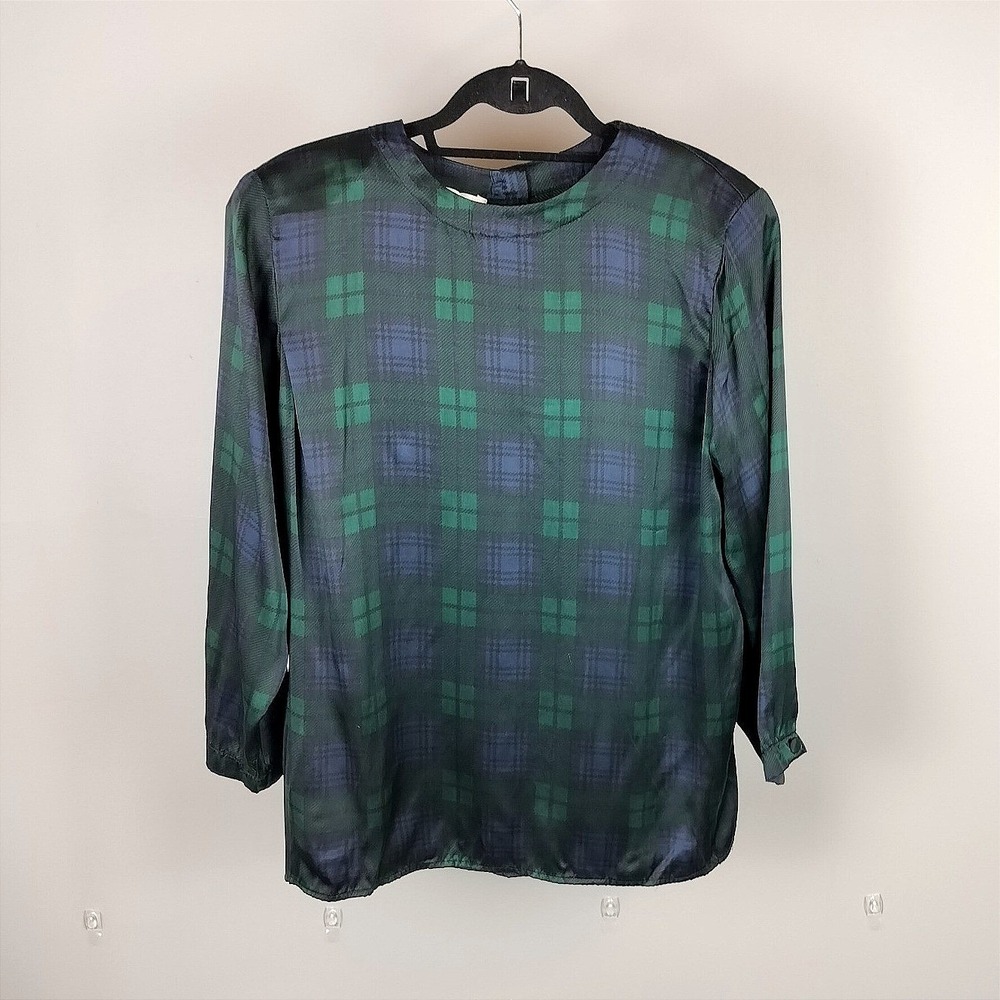 Vintage Jones New York Plus Size Silk Plaid Blouse 24W Green Navy Black Watch